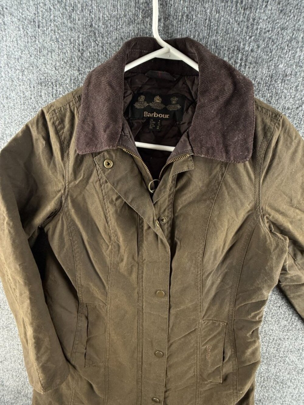 Barbour Belsay Waxed Jacket Women Full Zip Size 4 Insulated Brown Snaps Pockets